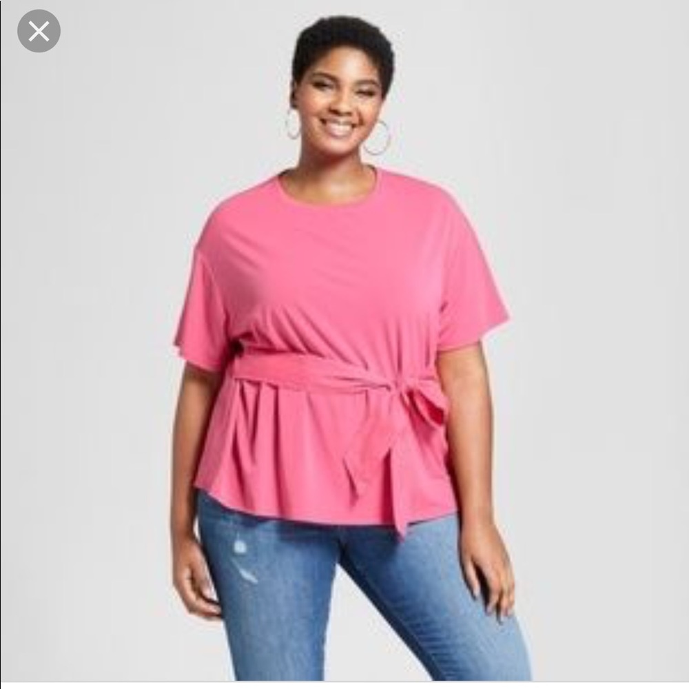 Ava and Viv Pink Knit Woven Tie Blouse!